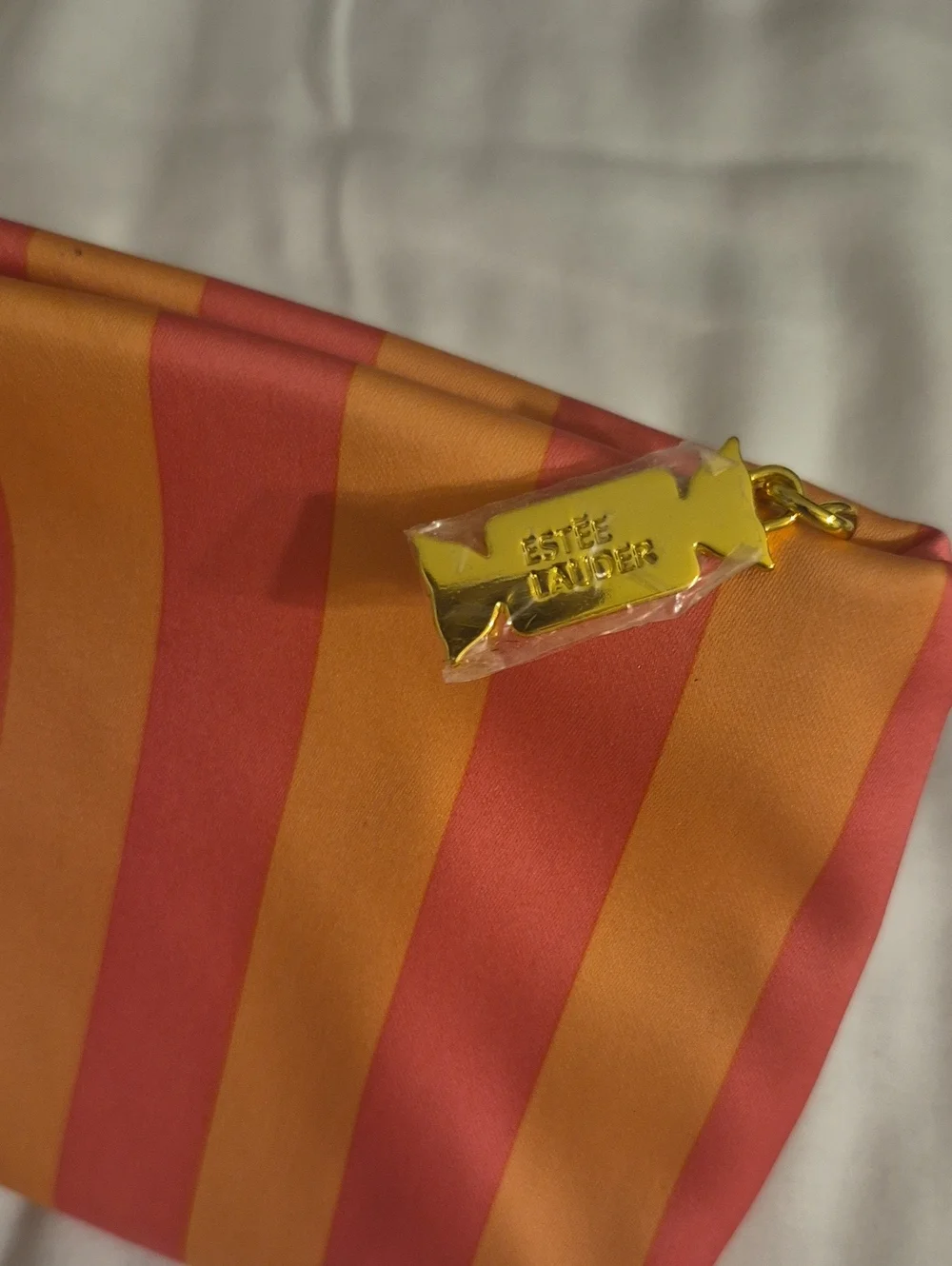 ESTEE LAUDER Pink Coral Striped Satin Pouch with Gold Hardware